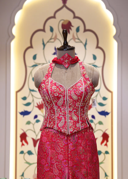 Saiyaara Pink Banarasi Sharara Corset Top Set