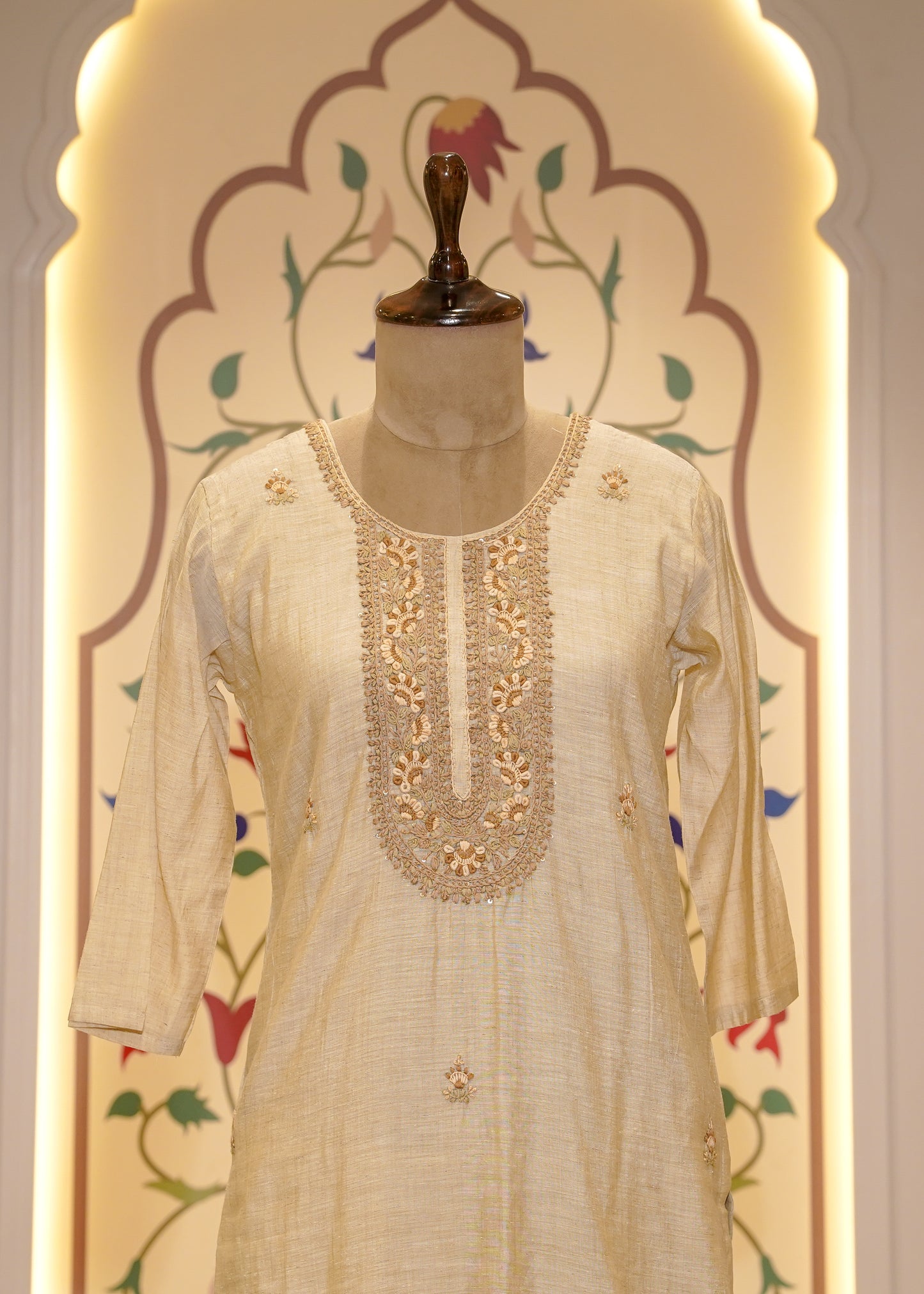 Beige Cotton Thread Embroidered 3 pc Kurti Set