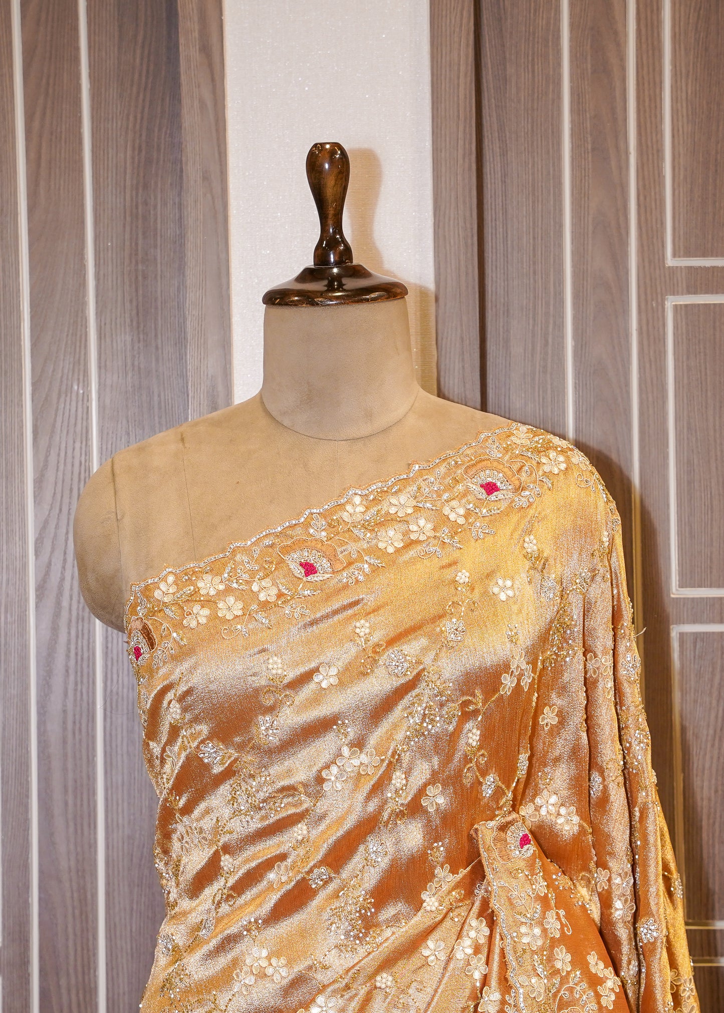 Golden Tissue Hand Embroidered Saree with Unstitched Blouse