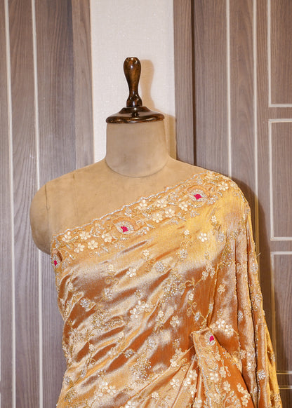 Golden Tissue Hand Embroidered Saree with Unstitched Blouse