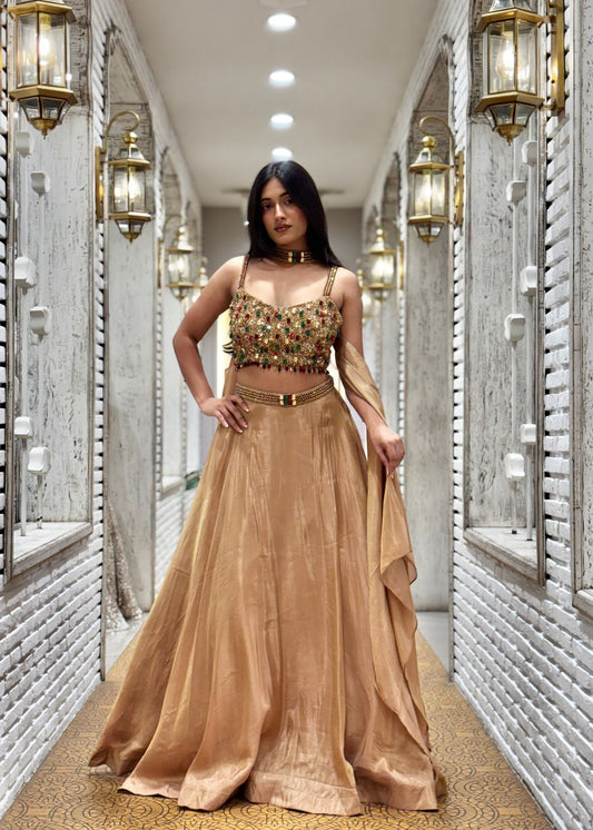 Tissue Golden Gemstone Crop Top Lehenga with Dupatta