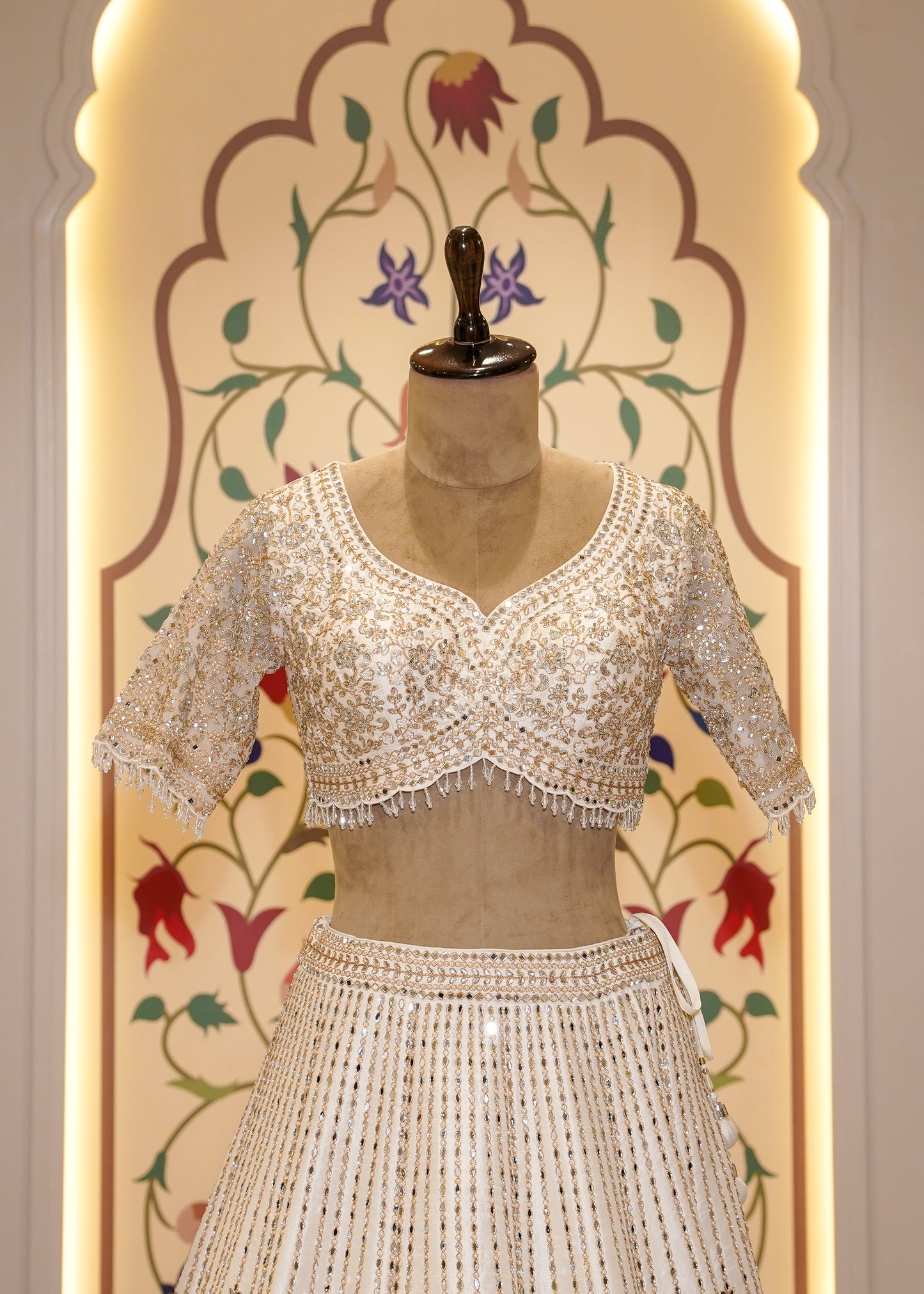 Ivory Silk Mirror Embroidered Half Sleeves Crop Top Skirt Set