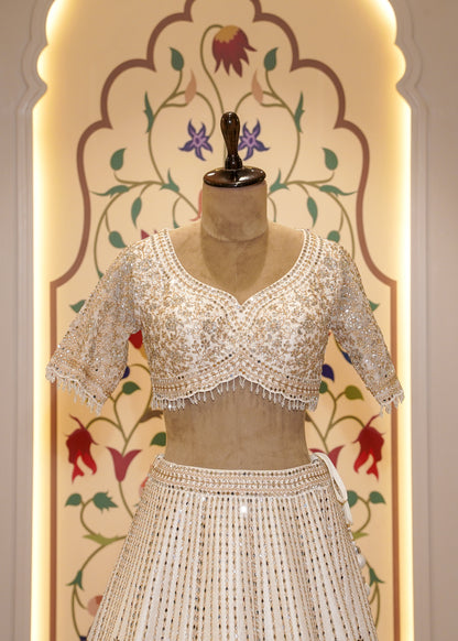Ivory Silk Mirror Embroidered Half Sleeves Crop Top Skirt Set