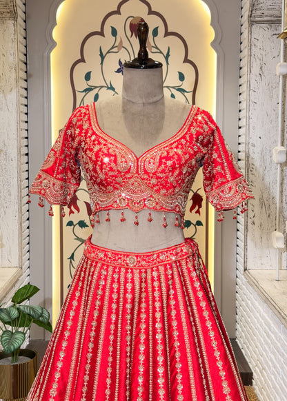 Red Bead Embroidered Kali Style Bridal Lehenga with Stitched Blouse & 2 Dupattas