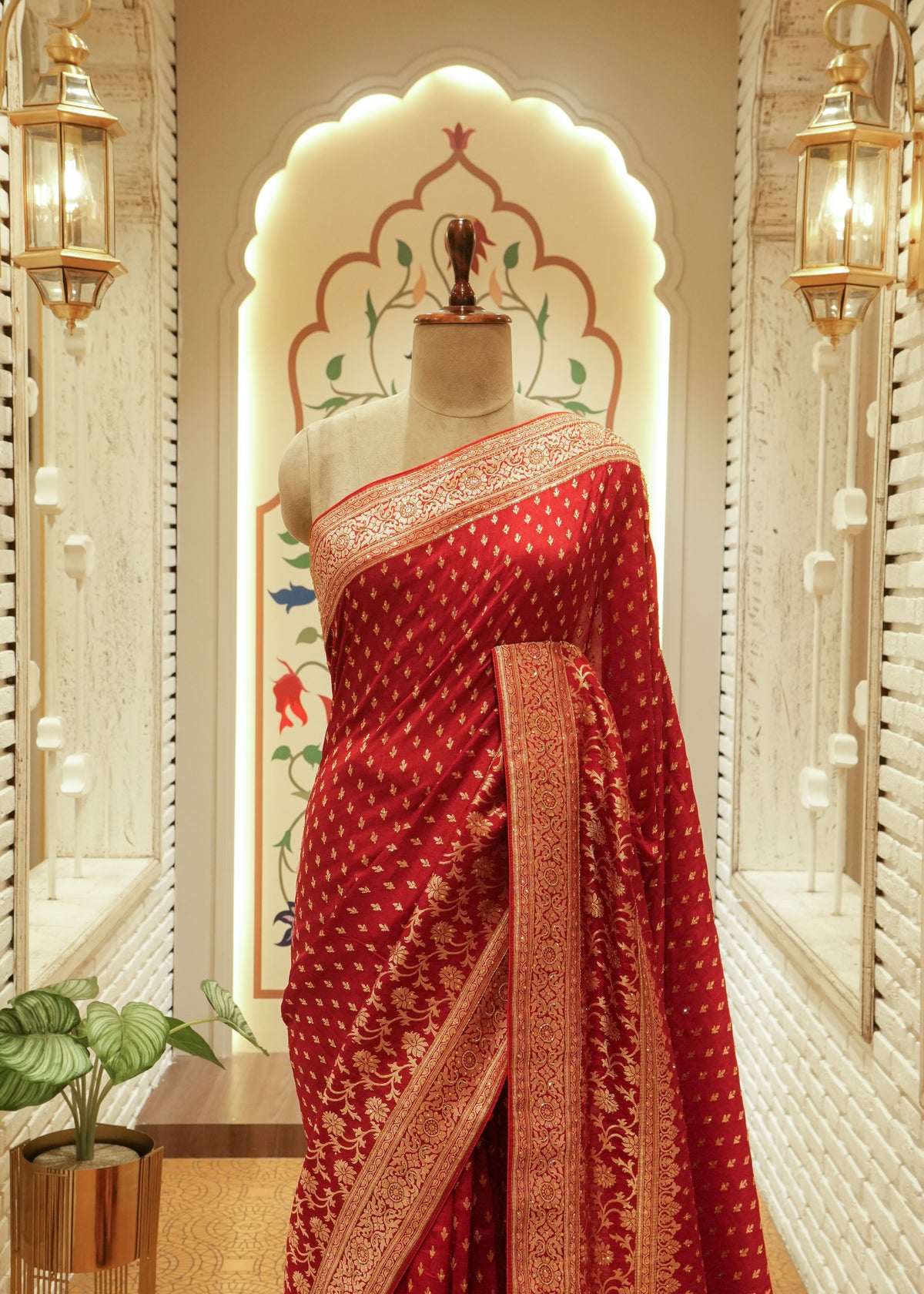 Ruhani Mehroon Booti Embroidered Dola Silk Saree with Unstitched Blouse