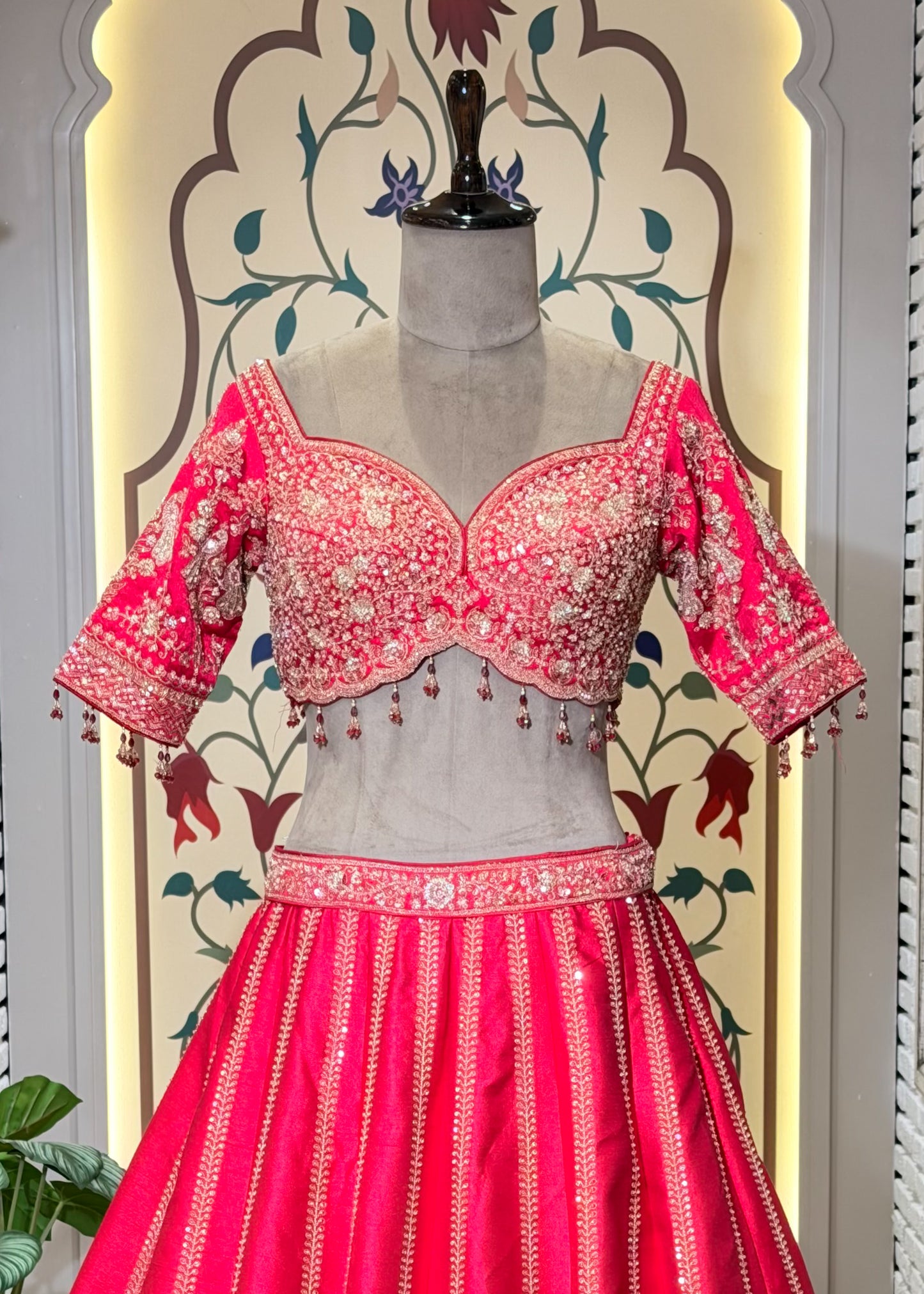 Rani Bead Embroidered Kali Peacock Style Bridal Lehenga with Stitched Blouse & 2 Dupattas