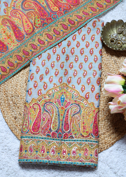Yami Blue & Pink Paisley Unstitched Suit Set