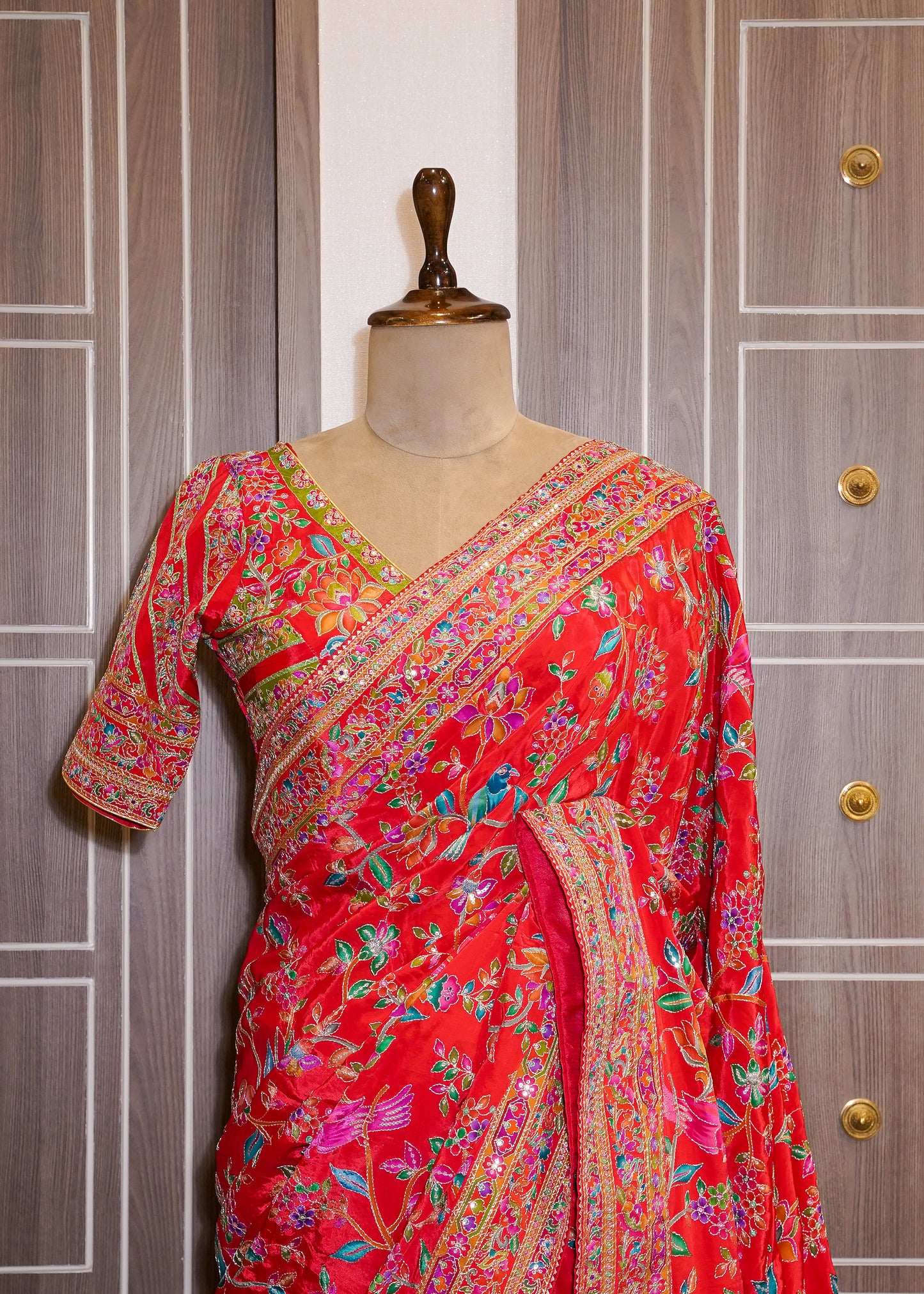 Red Printed Zari Embroidered Designer Saree with Stitched Blouse