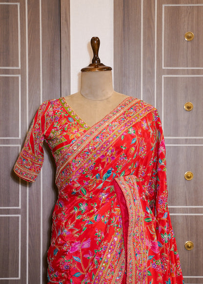 Red Printed Zari Embroidered Designer Saree with Stitched Blouse