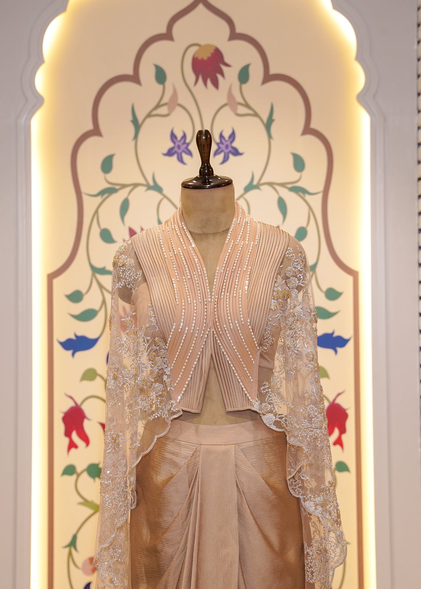 Golden Satin Patterned Skirt with Hand Embroidered Net Cape