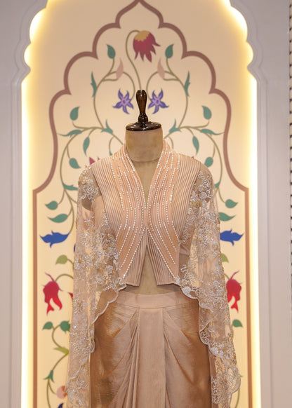 Golden Satin Patterned Skirt with Hand Embroidered Net Cape
