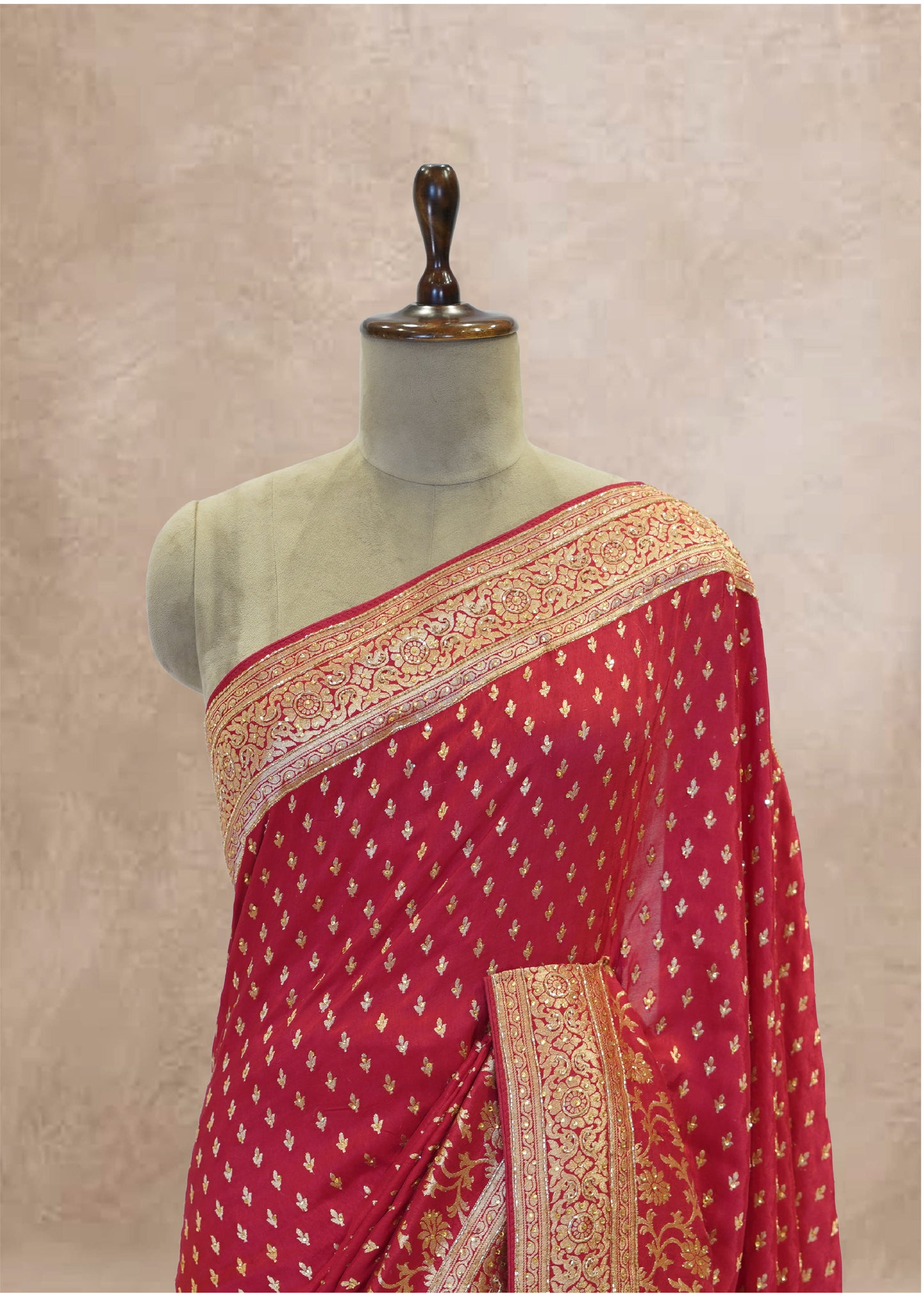 Red Booti Embroidered Dola Silk Saree with Unstitched Blouse