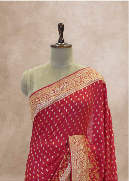 Red Booti Embroidered Dola Silk Saree with Unstitched Blouse