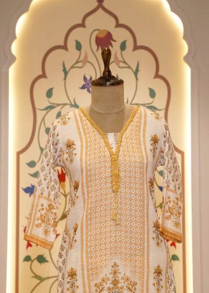 Yellow Cotton Printed 3 pc Kurti Set
