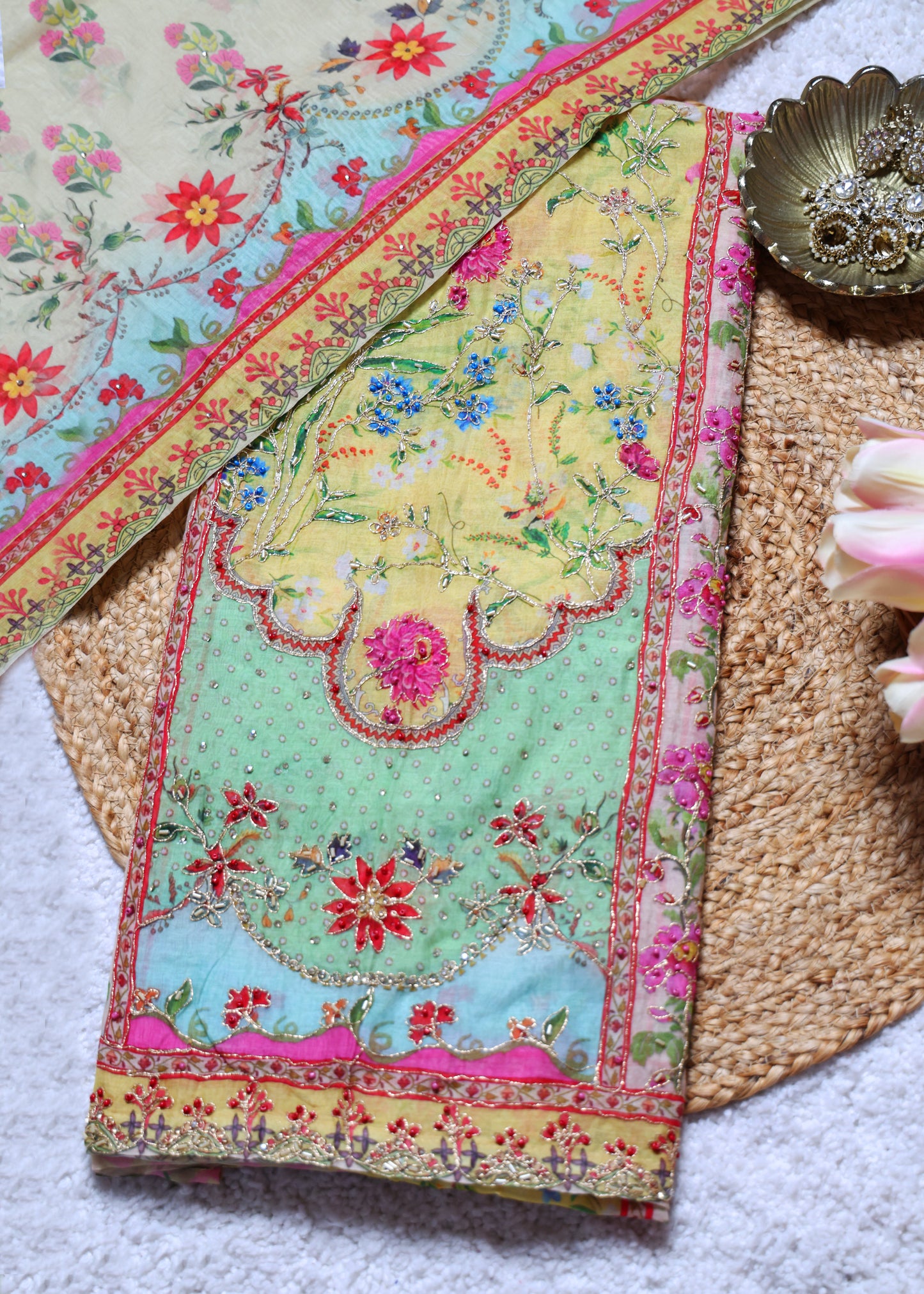 Butter Yellow & Blue Unstitched Suit Set