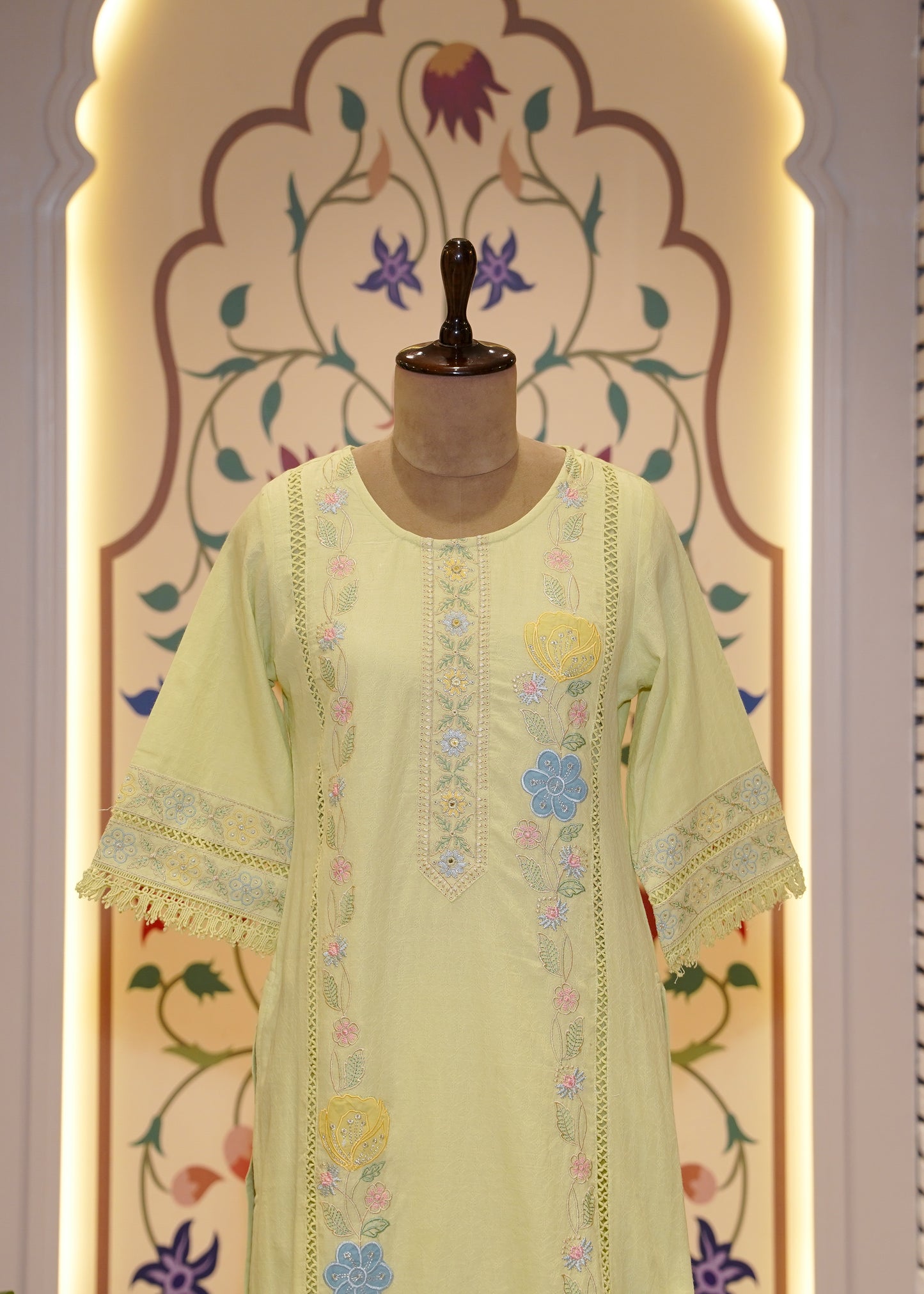 Light Lemon Cotton Thread Embroidered 3 pc Kurti Set