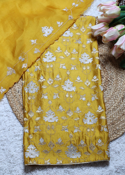 Pakhi Yellow Applique Work Unstitched Suit Set