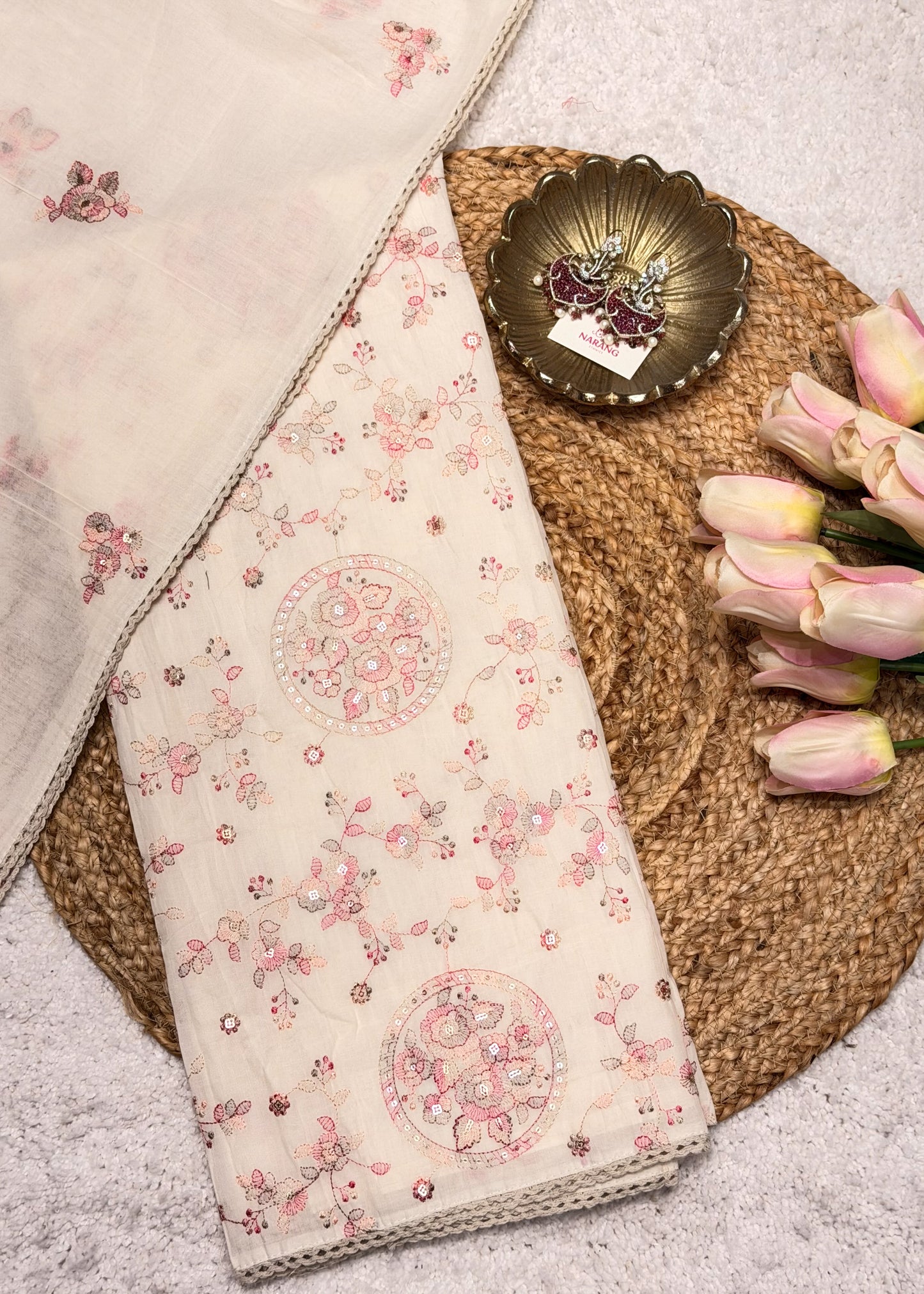 White & Pink Thread Embroidered Unstitched Suit Set