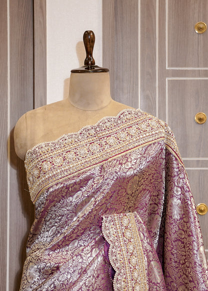 Wine Green Silk Bead Embroidered Border Saree with Unstitched Blouse