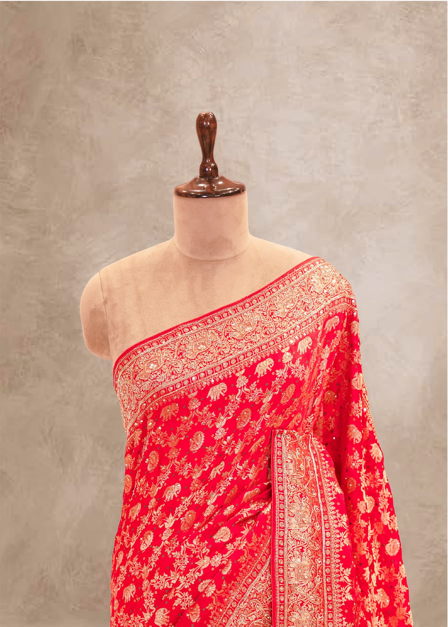 Red Hand Embroidered Dola Silk Saree with Elephant Motifs and Unstitched Blouse