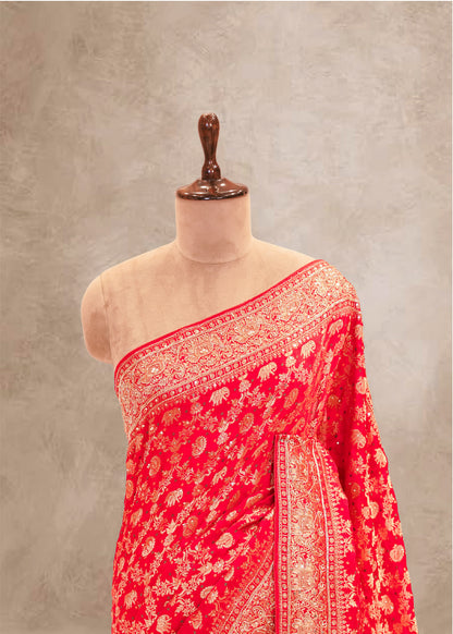Red Hand Embroidered Dola Silk Saree with Elephant Motifs and Unstitched Blouse