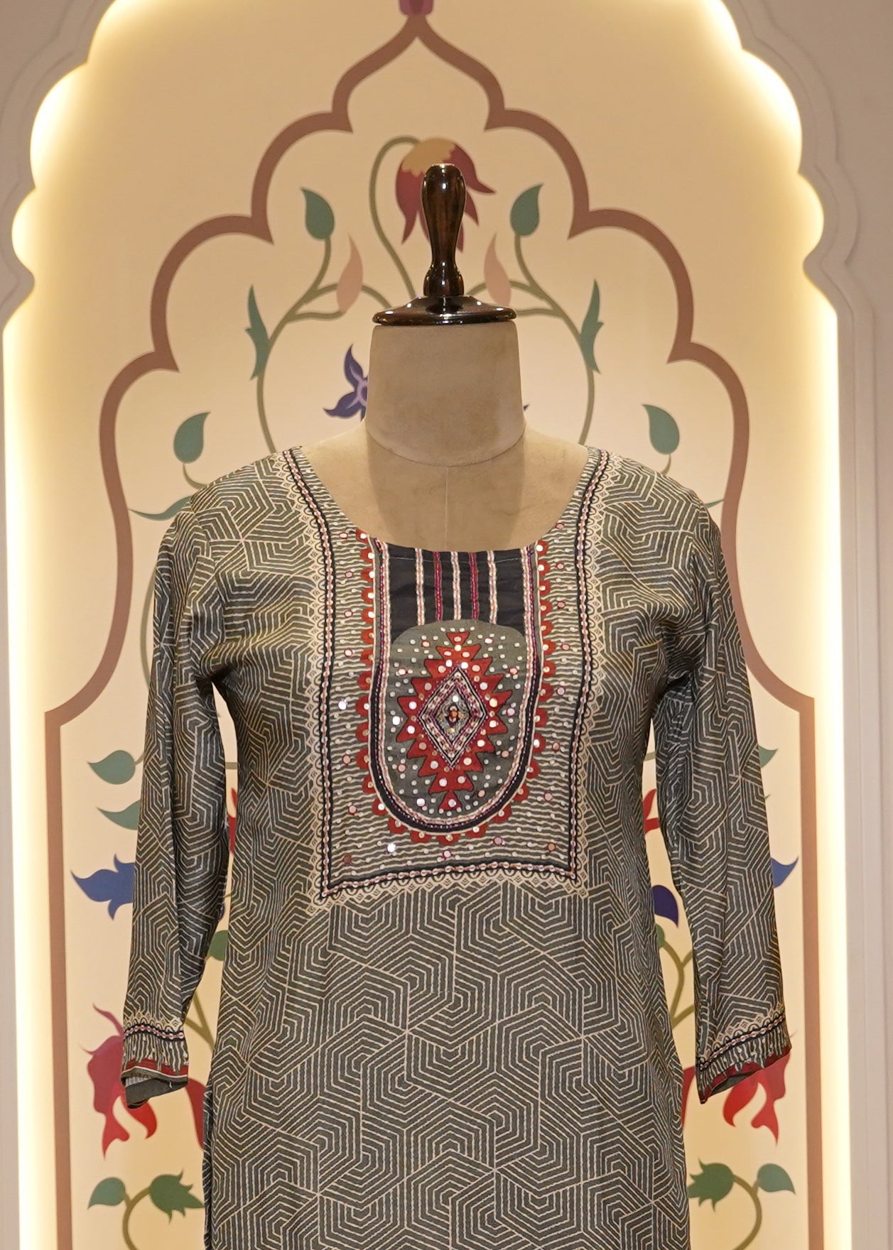 Grey Printed Muslin 3-Piece Kurti Set