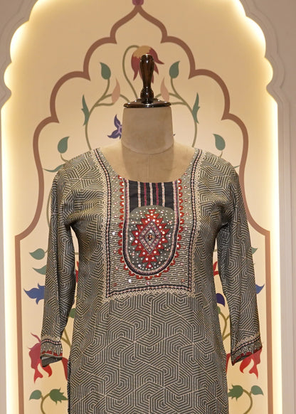 Grey Printed Muslin 3-Piece Kurti Set