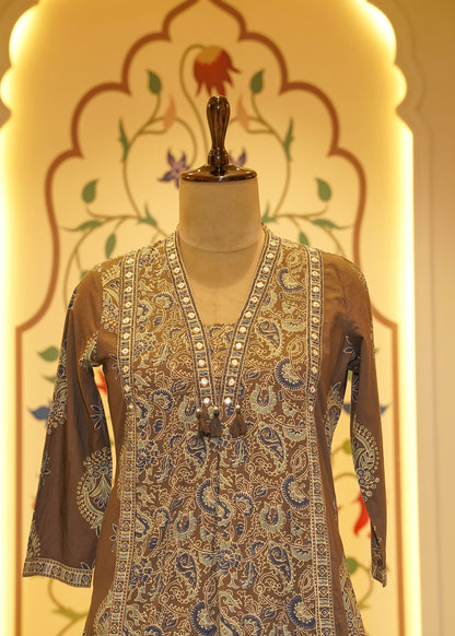 Saanjh Mirror Neckline Brown Stitched Suit Set