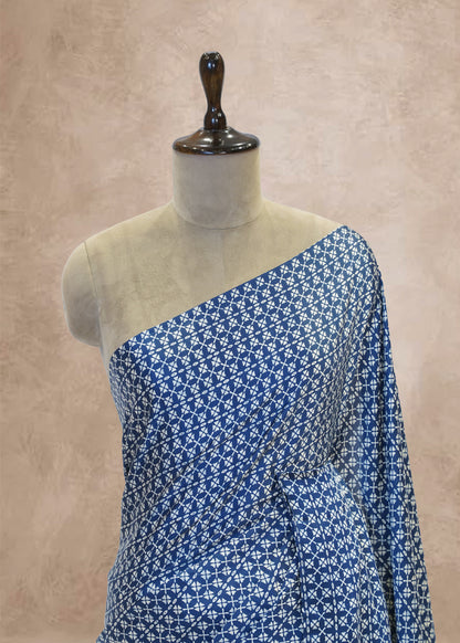 Blue Printed Modal Crepe Saree with Unstitched Blouse
