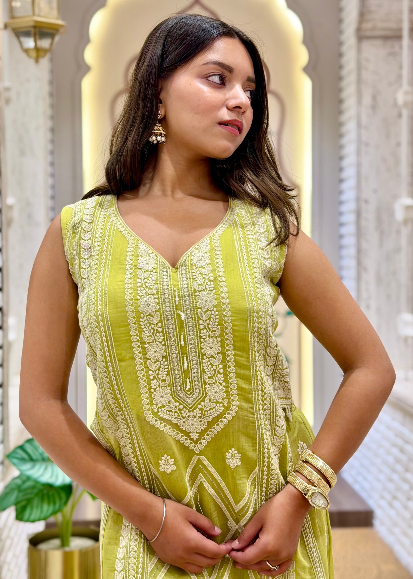 Nyra Neon Green Slit Palazzo Pants Stitched Suit Set