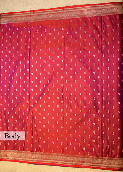Red Banarasi Kattan Silk Booti Zari Border with Unstitched Blouse