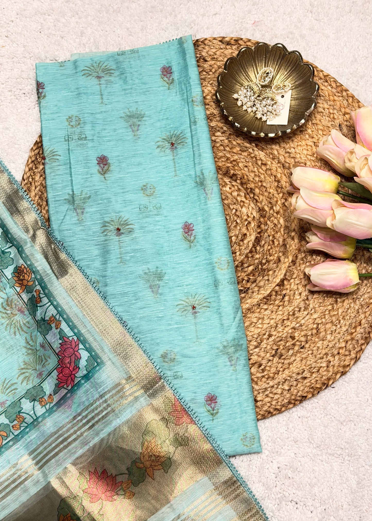 Sea Green Chanderi Floral Printed Unstitched Suit Set