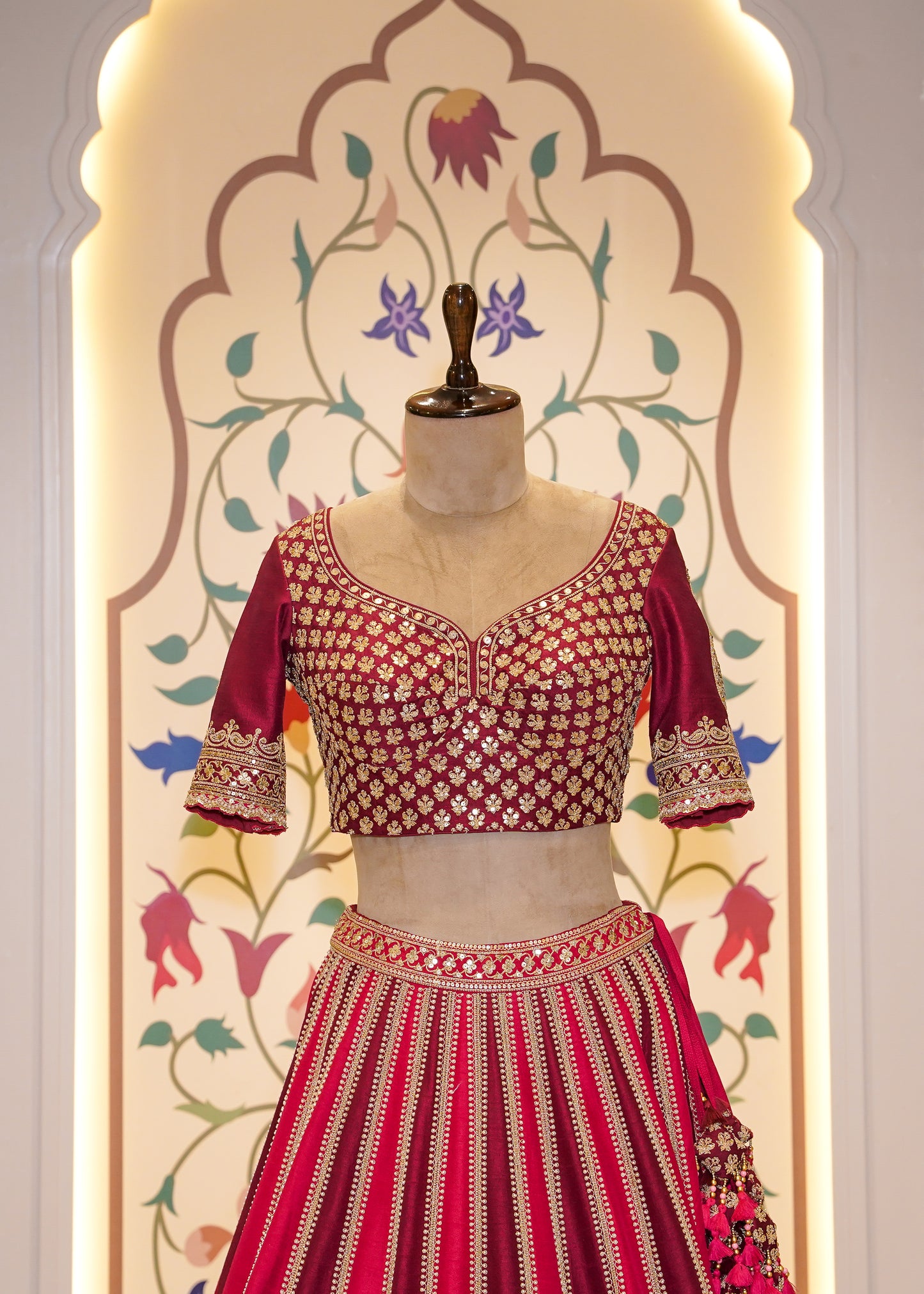 Royal Dual Tone Red & Deep Red Handcrafted Bridal Lehenga with 2 Dupattas