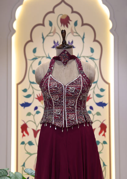 Vaani Maroon Sharara Corset Top Set
