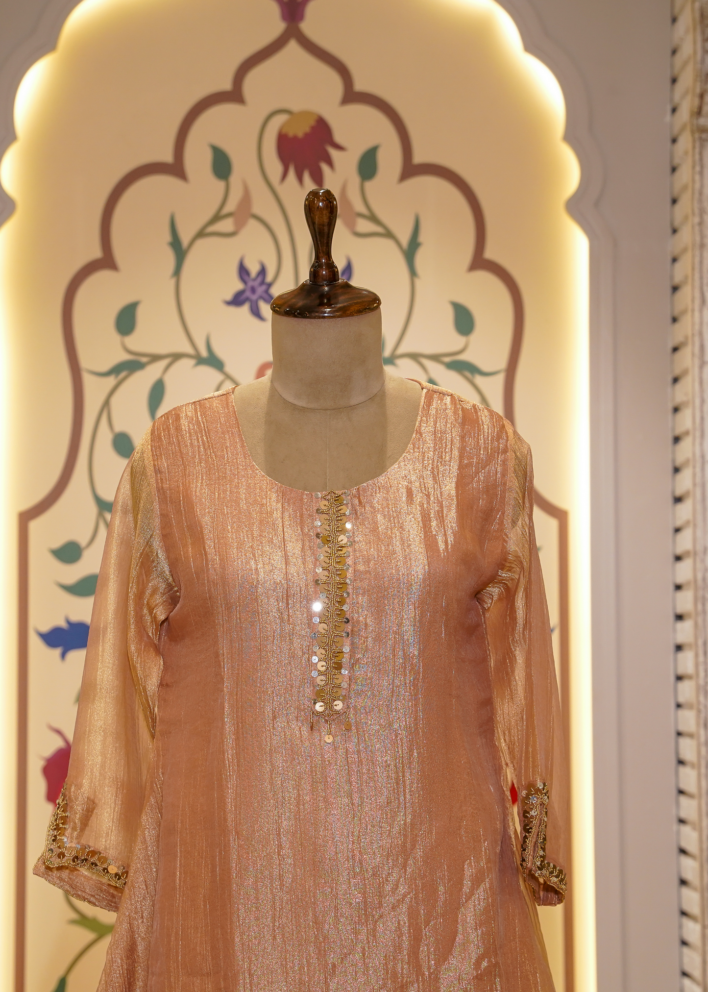 Dusty Peach Tissue Hand Embellished Short Shirt & Sharara Co-ord Set