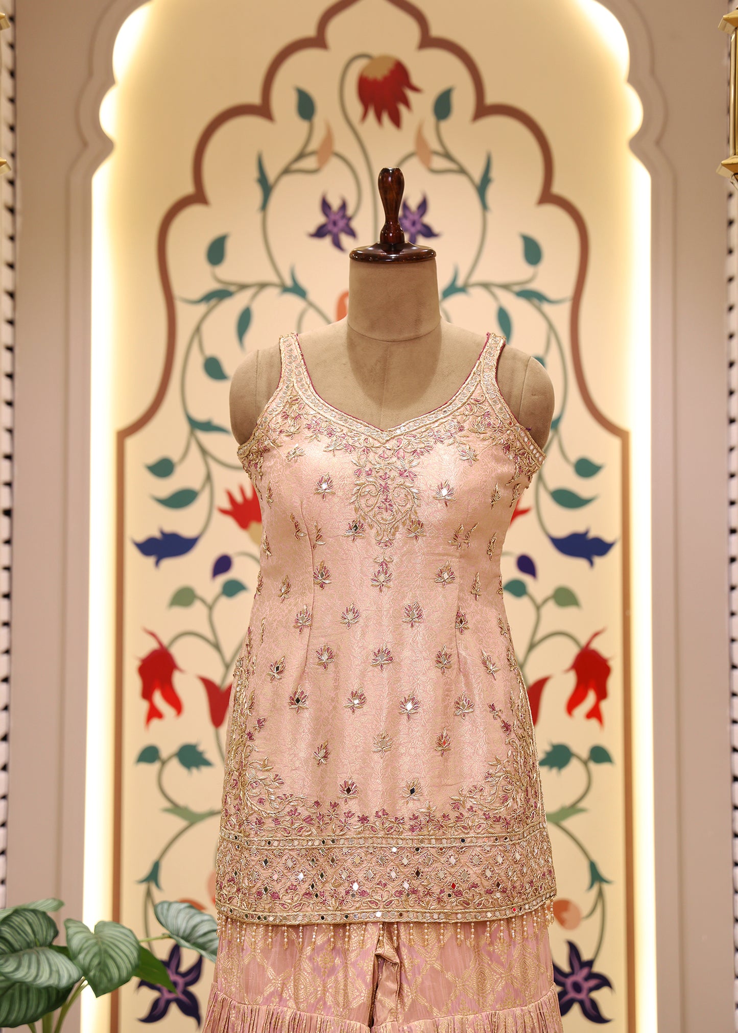 Moti Pearl Pink Short Kurti Sharara Set