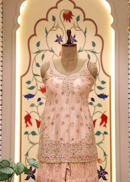 Moti Pearl Pink Short Kurti Sharara Set