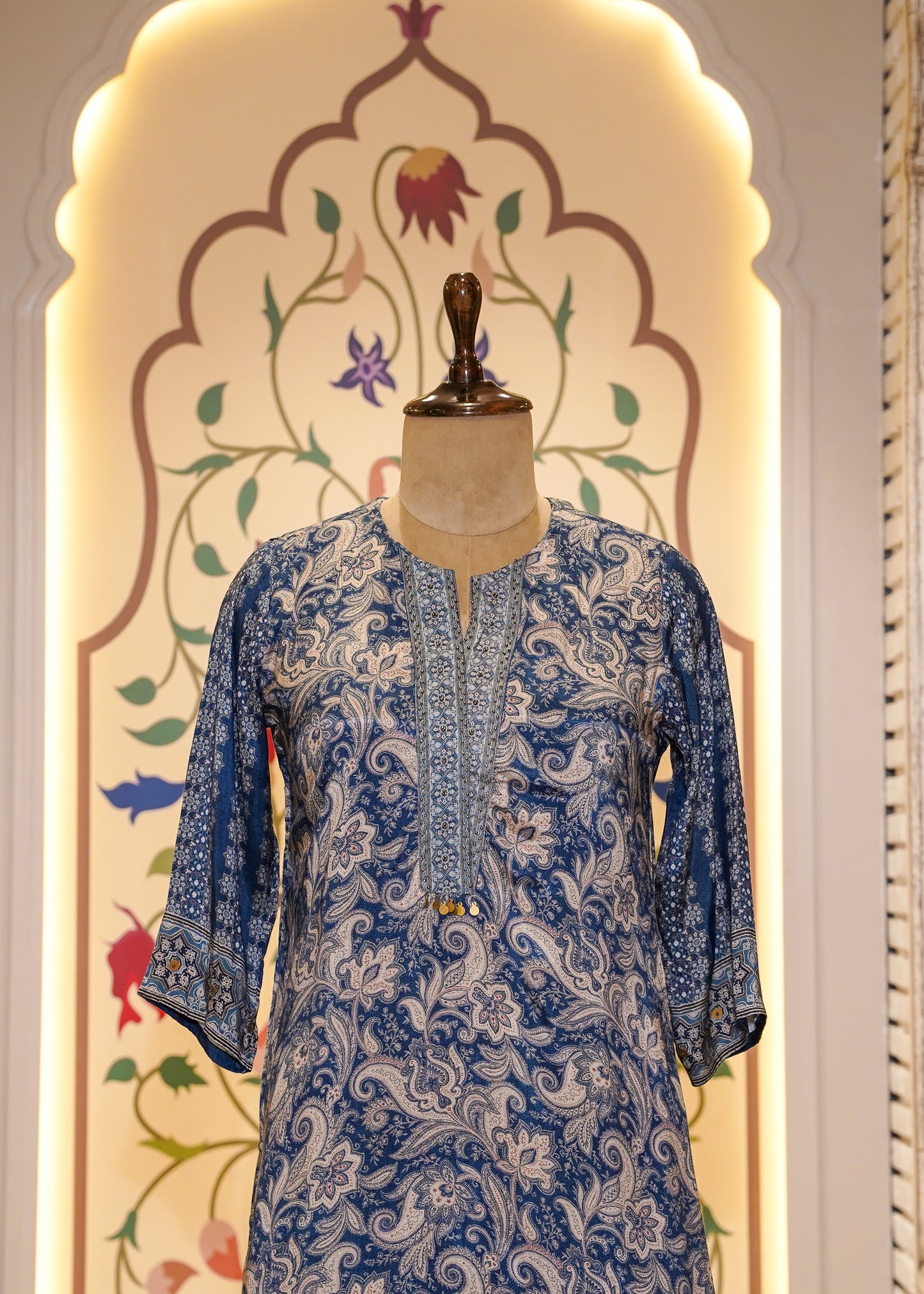 Blue Muslin Printed 3 pc Kurti set