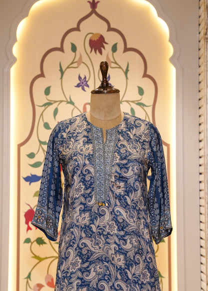 Blue Muslin Printed 3 pc Kurti set