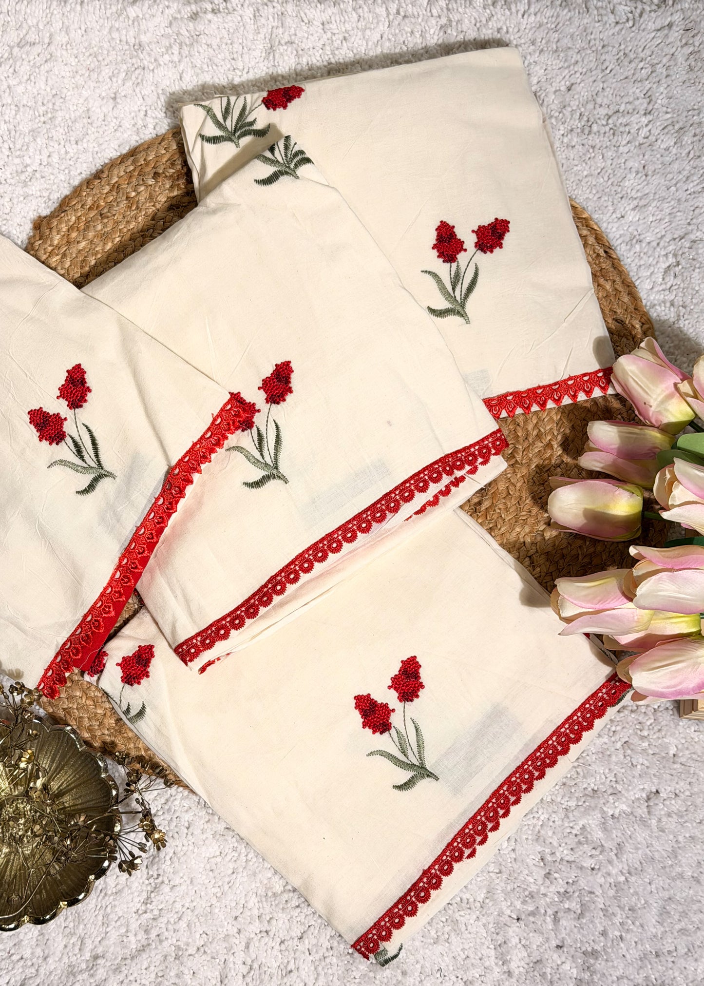 Ivory Mul Cotton Thread Embroidered Unstitched Suit Set