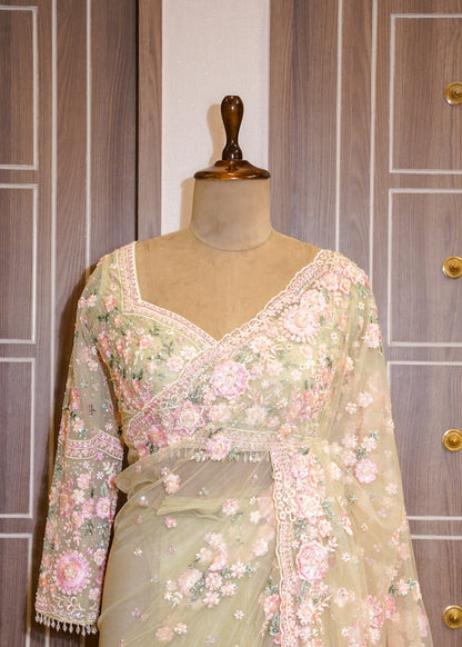 Pista Floral Embroidered Net Saree with Stitched Blouse