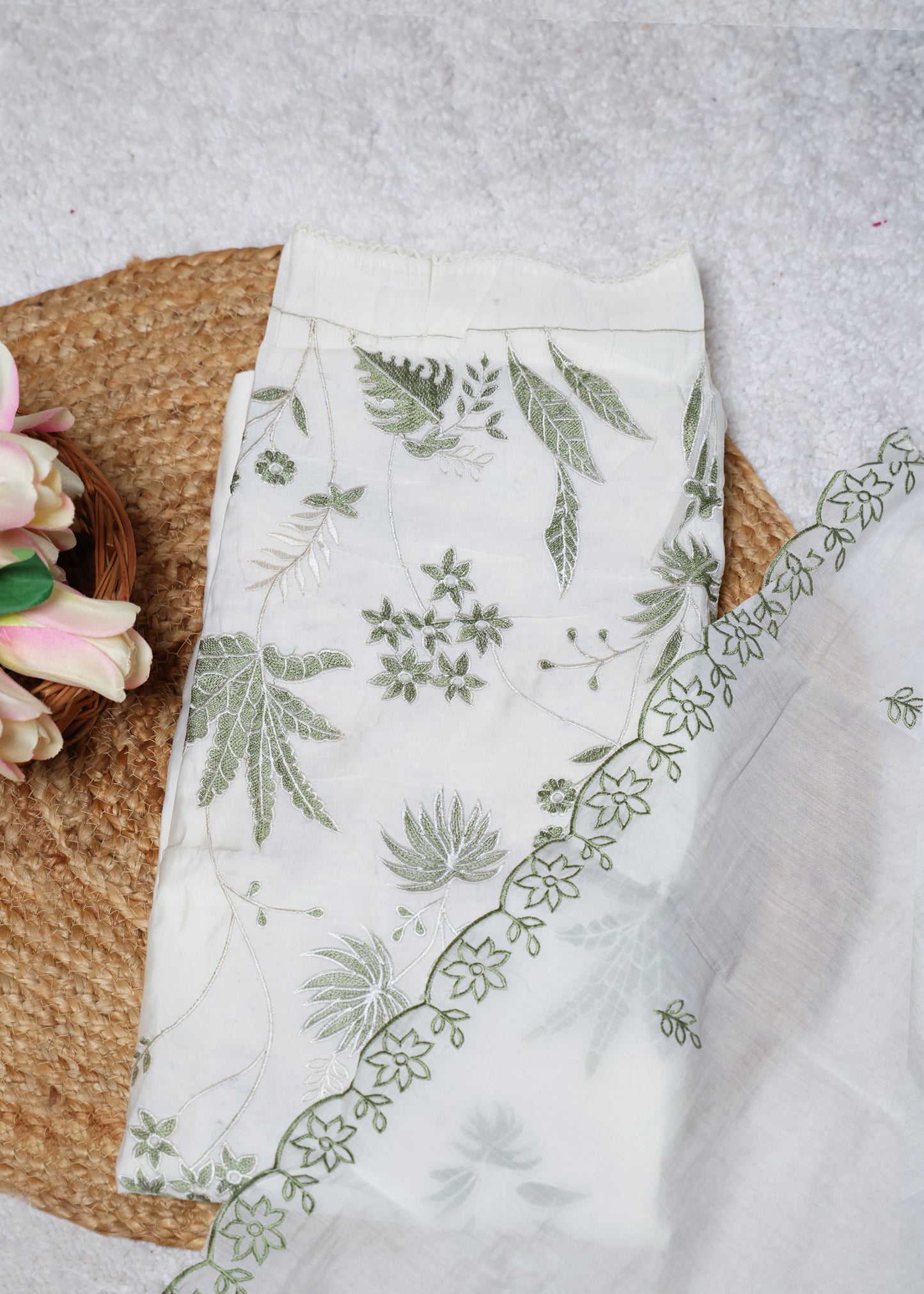 Pearl White & Green Floral Unstitched Suit Set