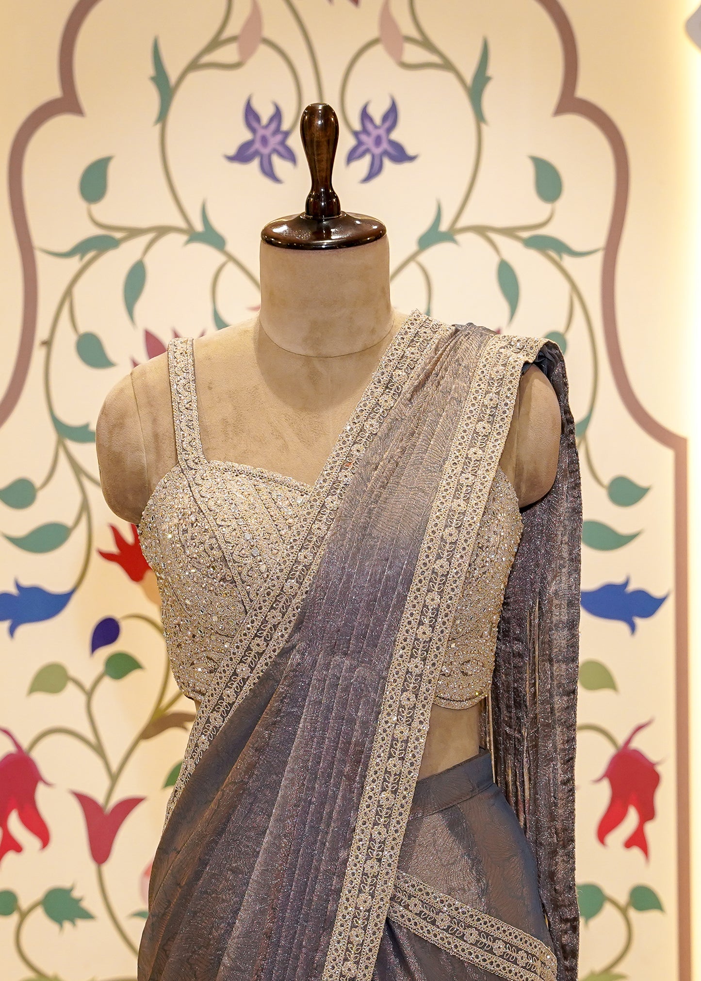 Dusty Grey Crush Tissue Drape Saree with Embroidered Blouse