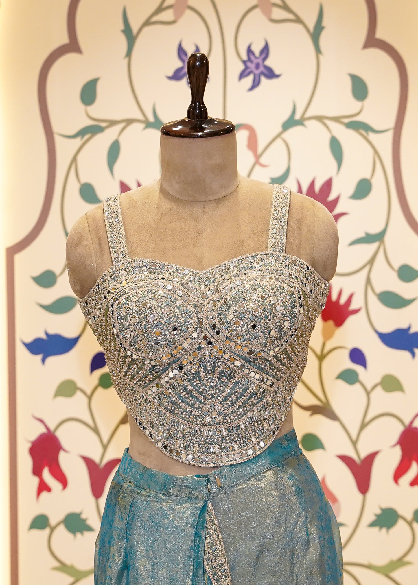 Dusty Blue Crush Tissue Drape Saree with Embroidered Blouse