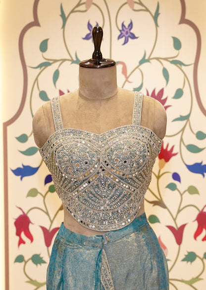 Dusty Blue Crush Tissue Drape Saree with Embroidered Blouse