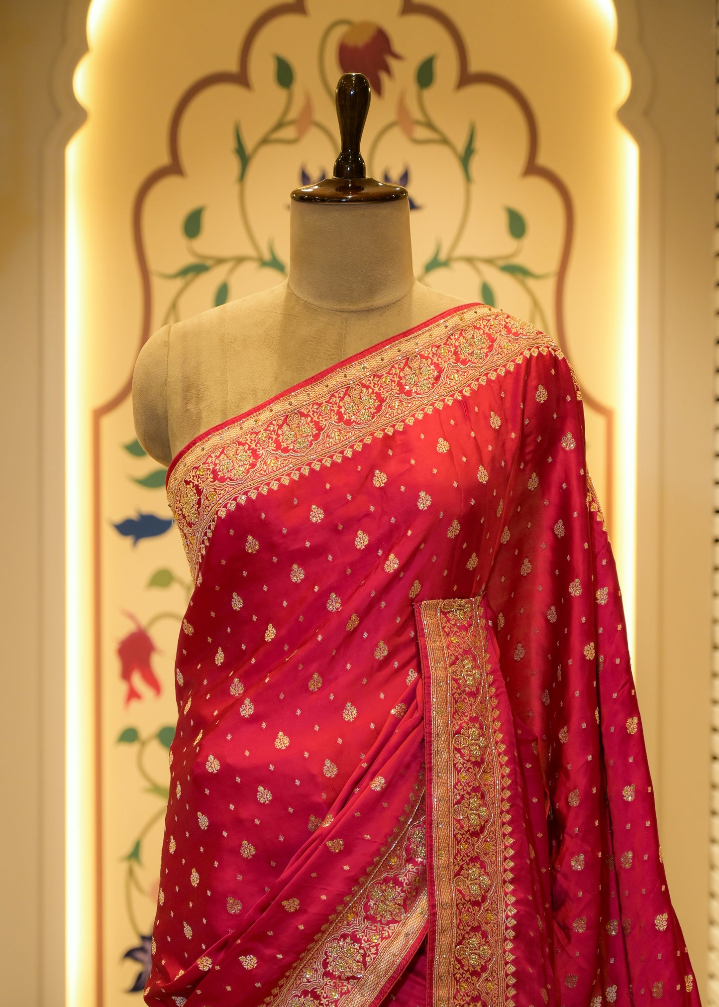 Pankhuri Booti Ruby Red Saree with Unstitched Blouse