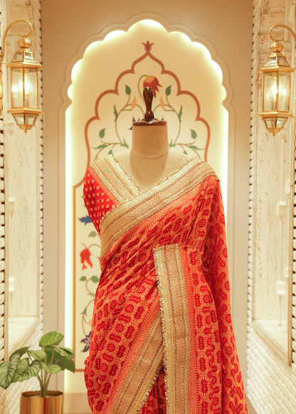 Aanya Fiery Orange-Red Bandhani Silk Saree with Stitched Blouse