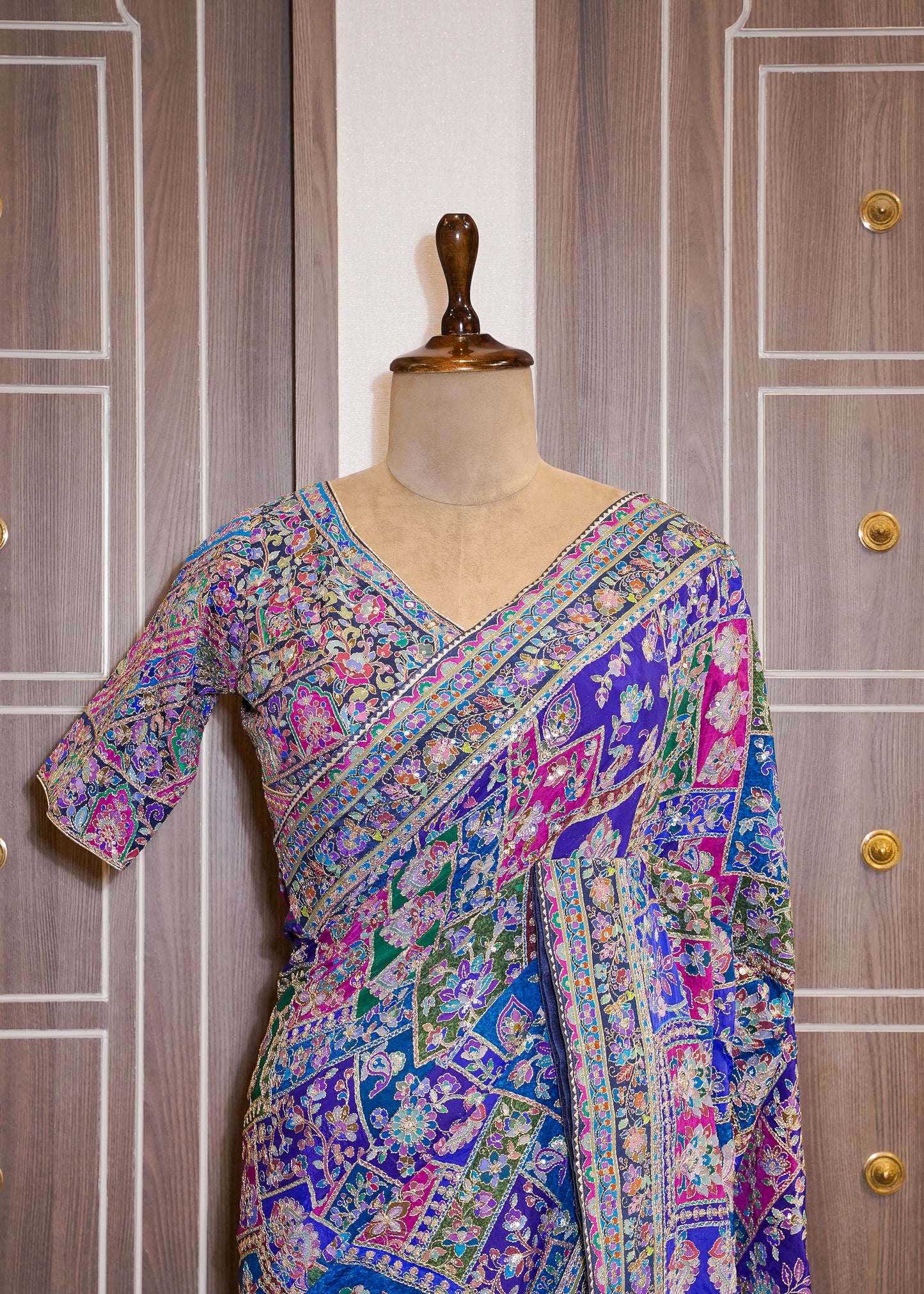 Blue Printed Zari Embroidered Designer Saree with Stitched Blouse