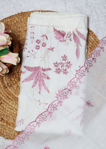 Pearl White & Pink Floral Unstitched Suit Set