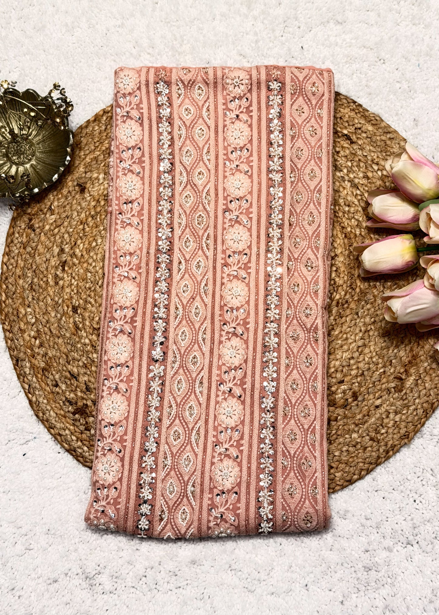Heer Peach Chikankari with Moti Embroidered Suit Set